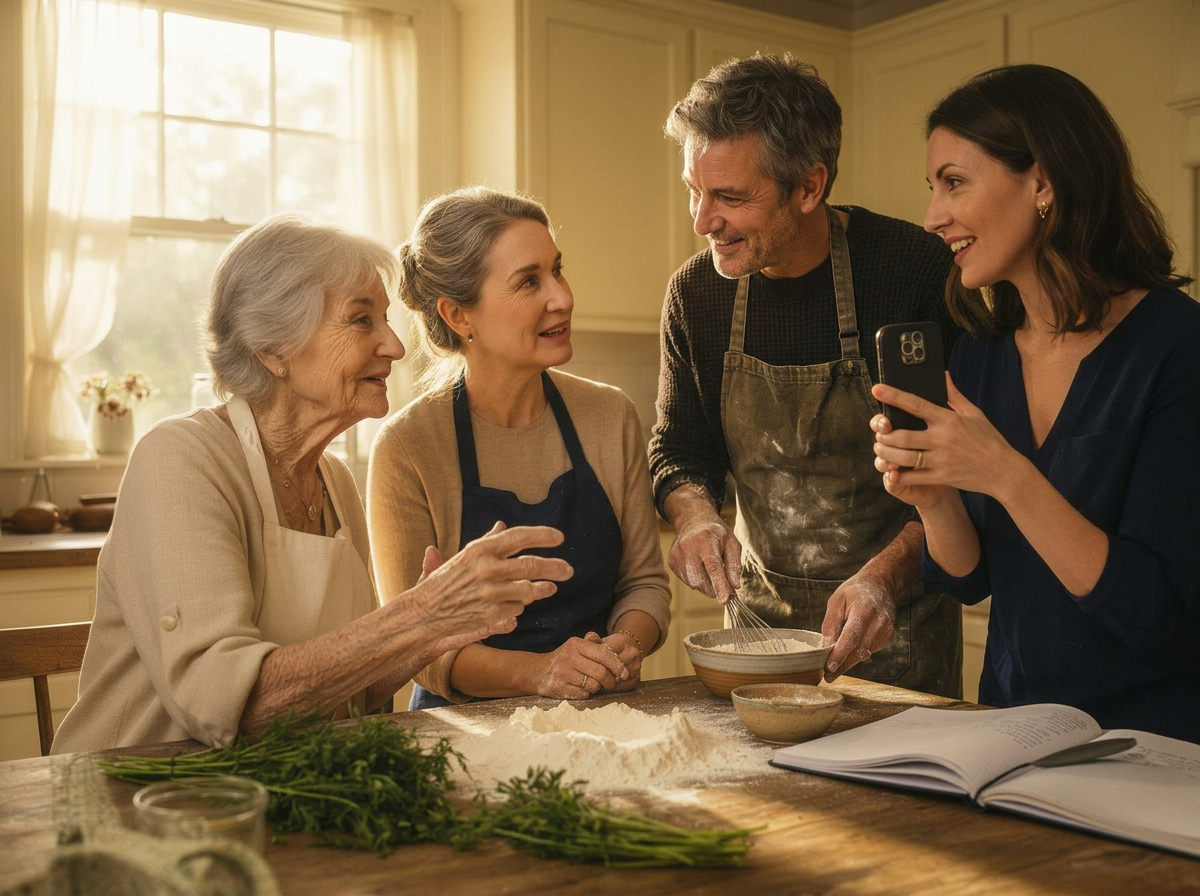 A grandmother explaining a recipe while her daughter records her voice on a phone in a sunlit kitchen