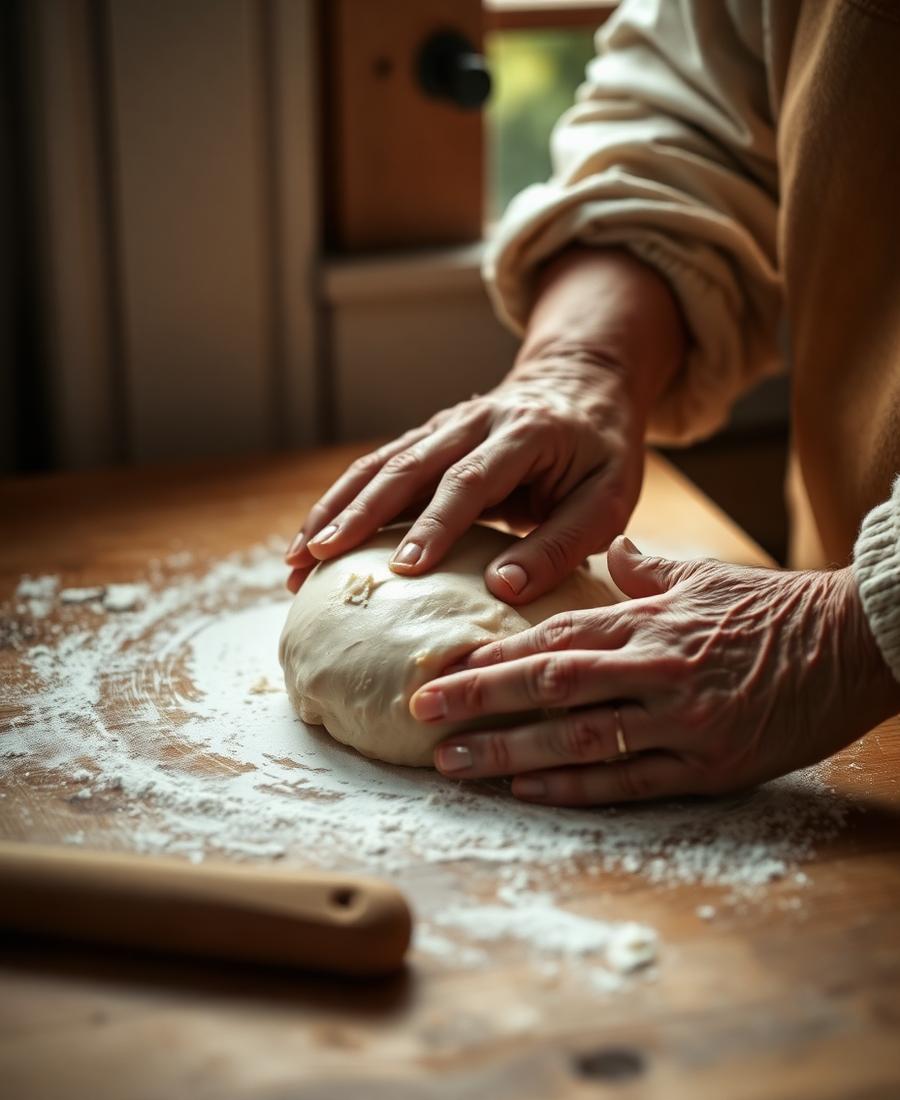 Older hands kneading bread dough on a floured table