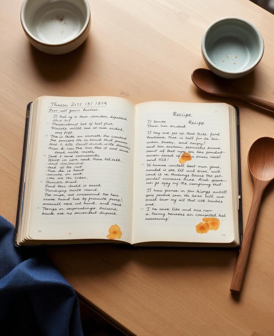 A handwritten family recipe notebook open on a table